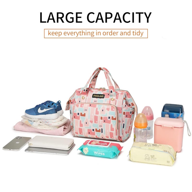 FHELAD Pink Small Diaper Bag Backpack Diaper Tote Bag Printed, Waterproof Multi-Function Mini Tote Maternity Bags Travel Backpacks with Insulated Pockets, Pink - Image 3